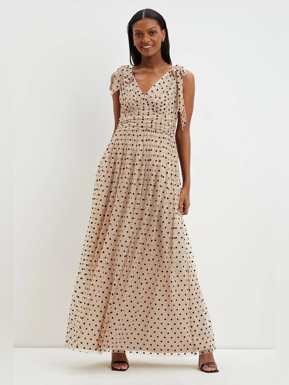 Dorothy Perkins Beige Polka Dot Mesh Maxi Dress Tie Shoulders NWoT Sz10